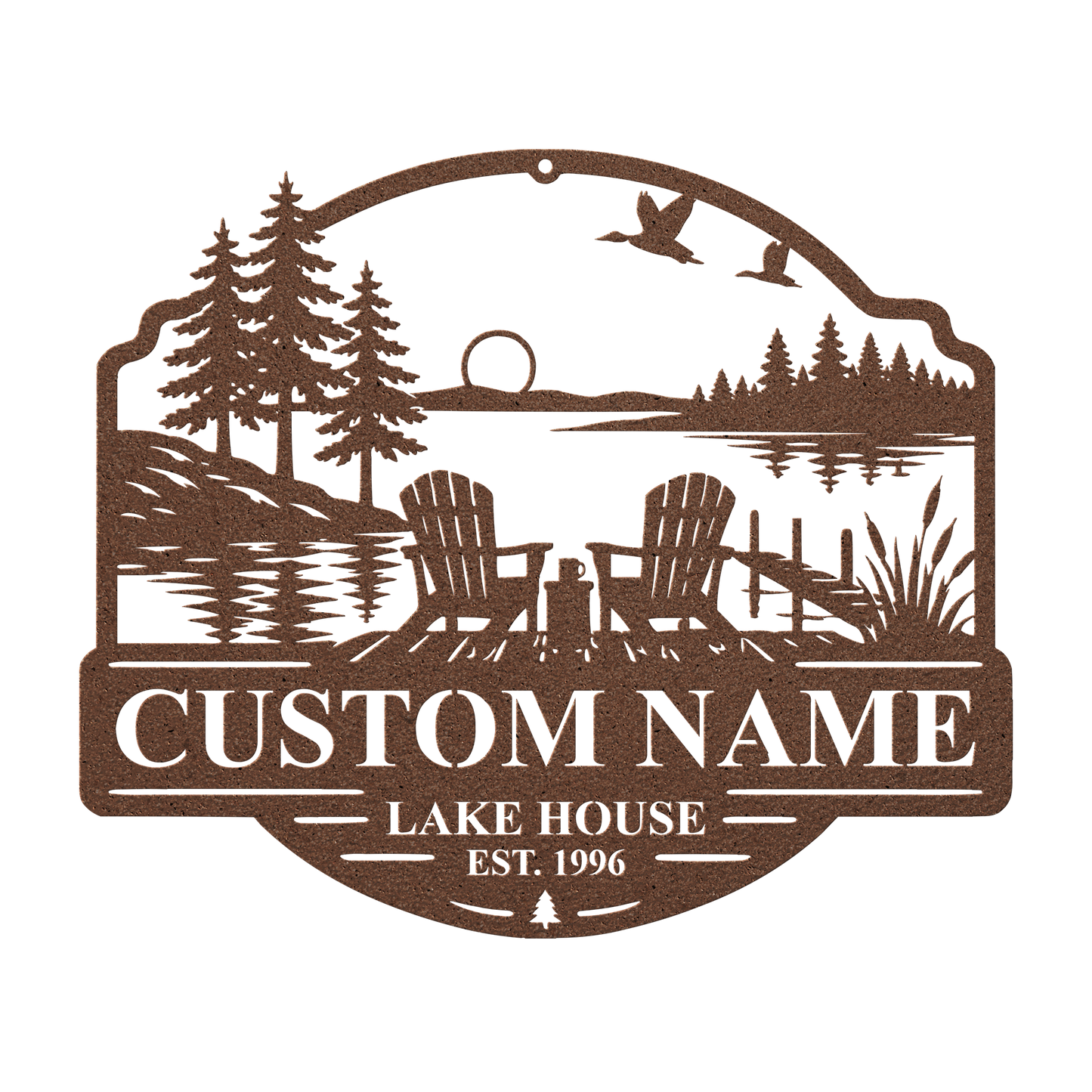 Custom duck lake house metal sign in copper — personalized duck lake scene wall art
