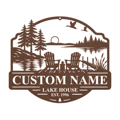 Custom duck lake house metal sign in copper — personalized duck lake scene wall art