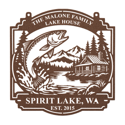 Custom lake house trout fishing metal sign in copper — personalized family name wall art