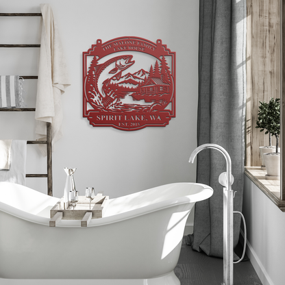 Red custom lake house trout fishing metal sign in a modern room — personalized lakehouse wall decor