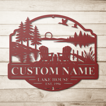 Red custom duck lake house metal sign on wood background — personalized lakehouse wall art