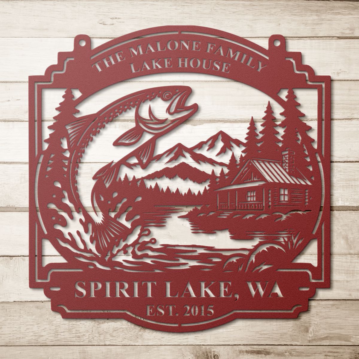 Red custom lake house trout fishing metal sign on a wood background — personalized lakehouse wall decor