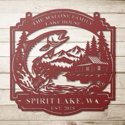 Red custom lake house trout fishing metal sign on a wood background — personalized lakehouse wall decor