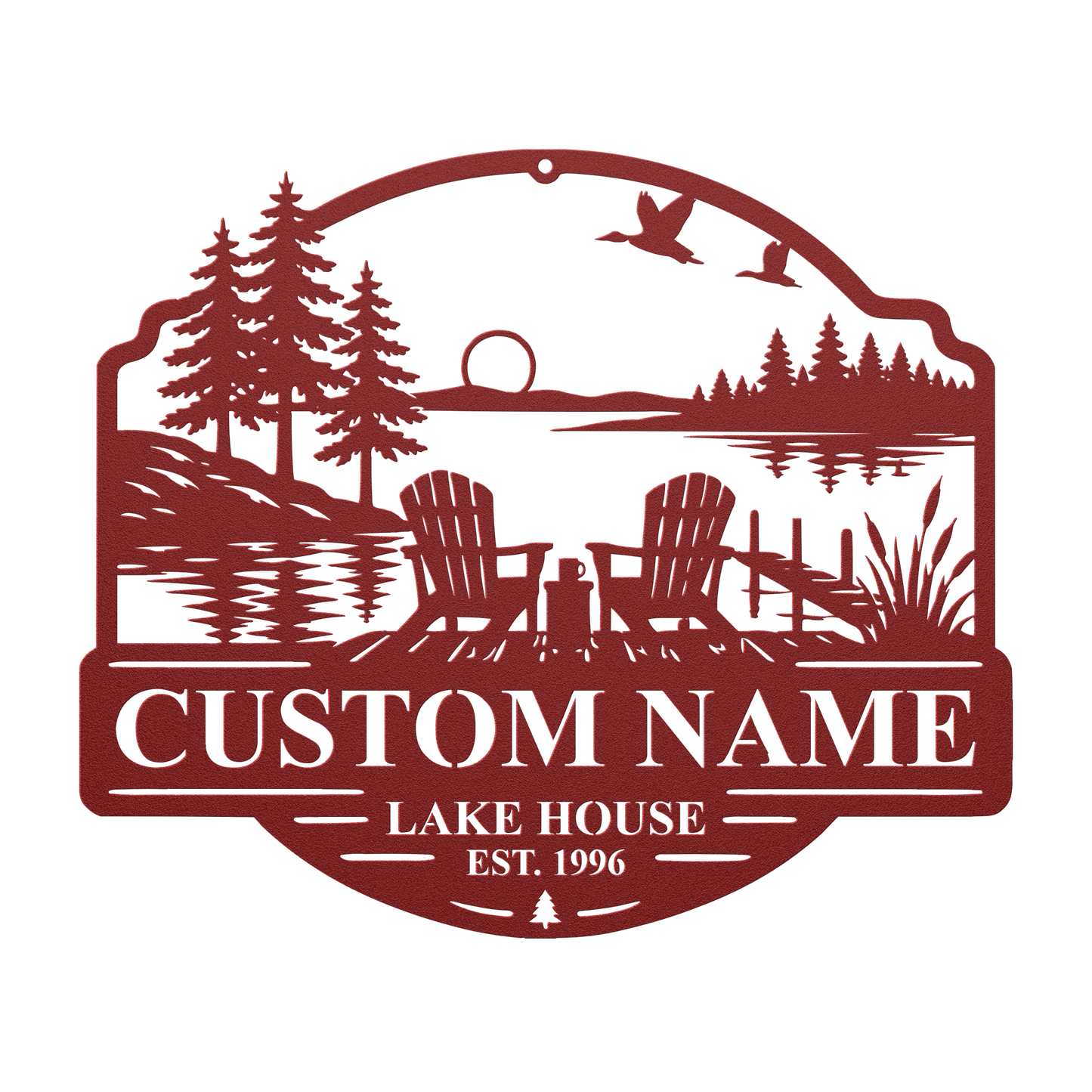 Custom duck lake house metal sign in red — personalized duck lake scene wall art