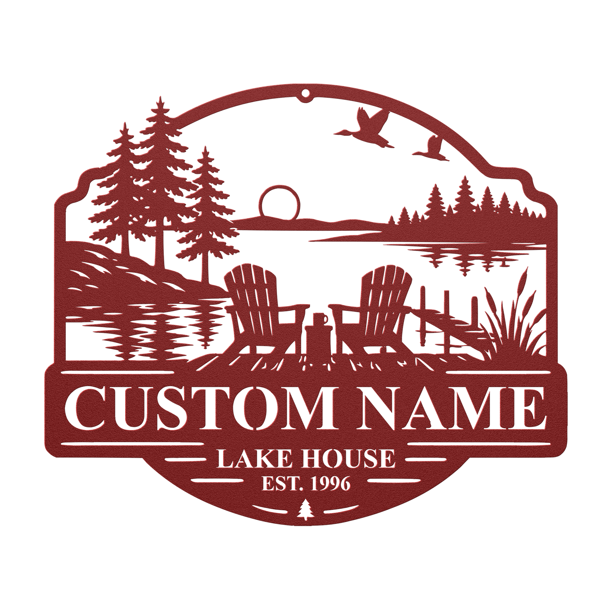 Custom duck lake house metal sign in red — personalized duck lake scene wall art