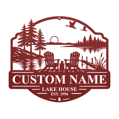 Custom duck lake house metal sign in red — personalized duck lake scene wall art