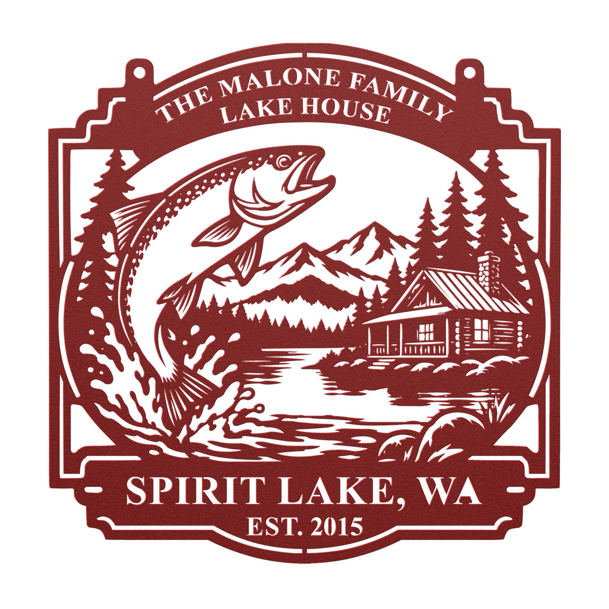 Custom lake house trout fishing metal sign in red — personalized family name wall art