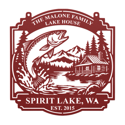 Custom lake house trout fishing metal sign in red — personalized family name wall art