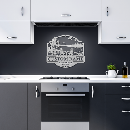 Silver custom duck lake house metal sign in dark kitchen — personalized lakehouse decor
