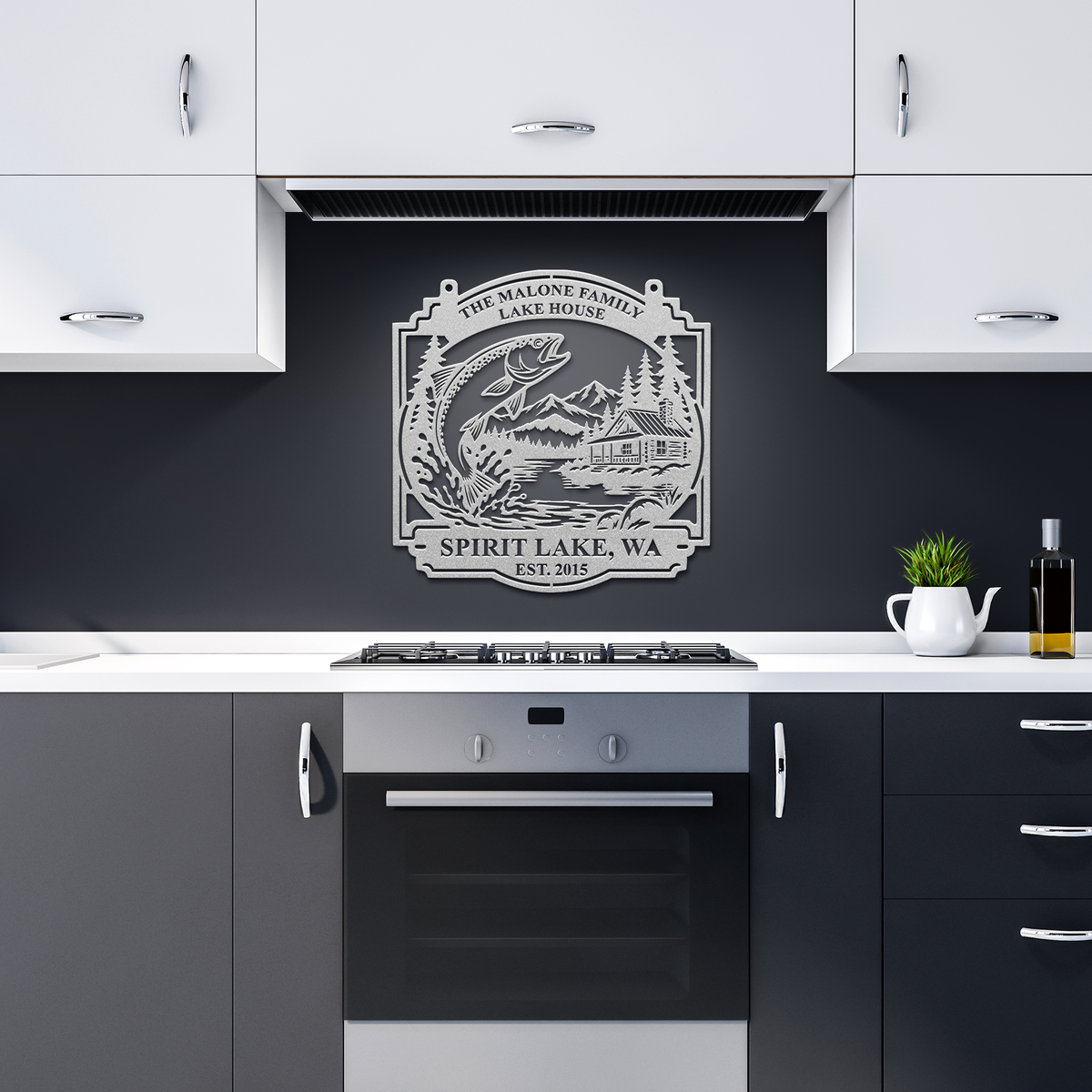 Silver custom lake house trout fishing metal sign in a dark kitchen — personalized lakehouse wall decor