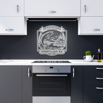 Silver custom lake house trout fishing metal sign in a dark kitchen — personalized lakehouse wall decor