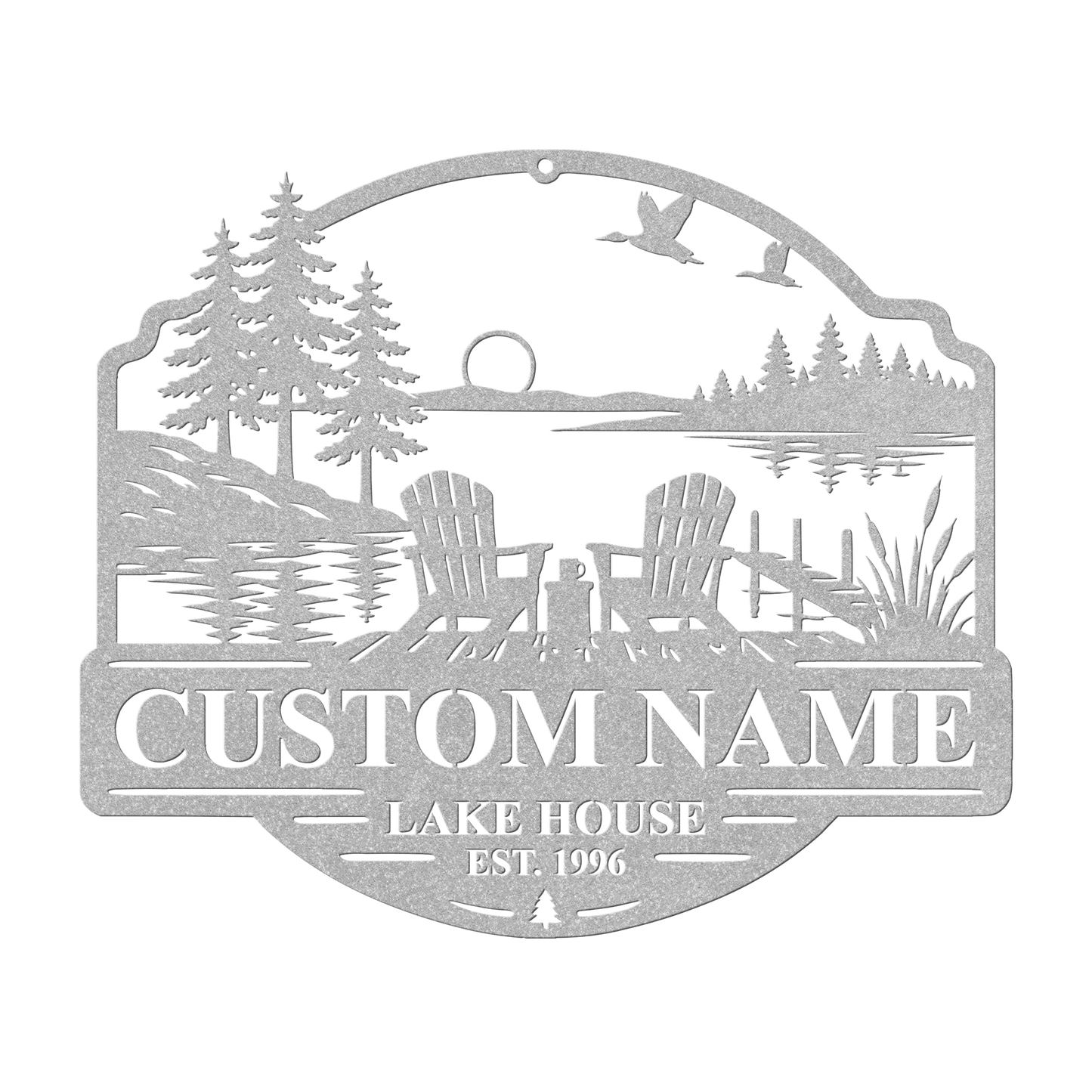 Custom duck lake house metal sign in silver — personalized duck lake scene wall art