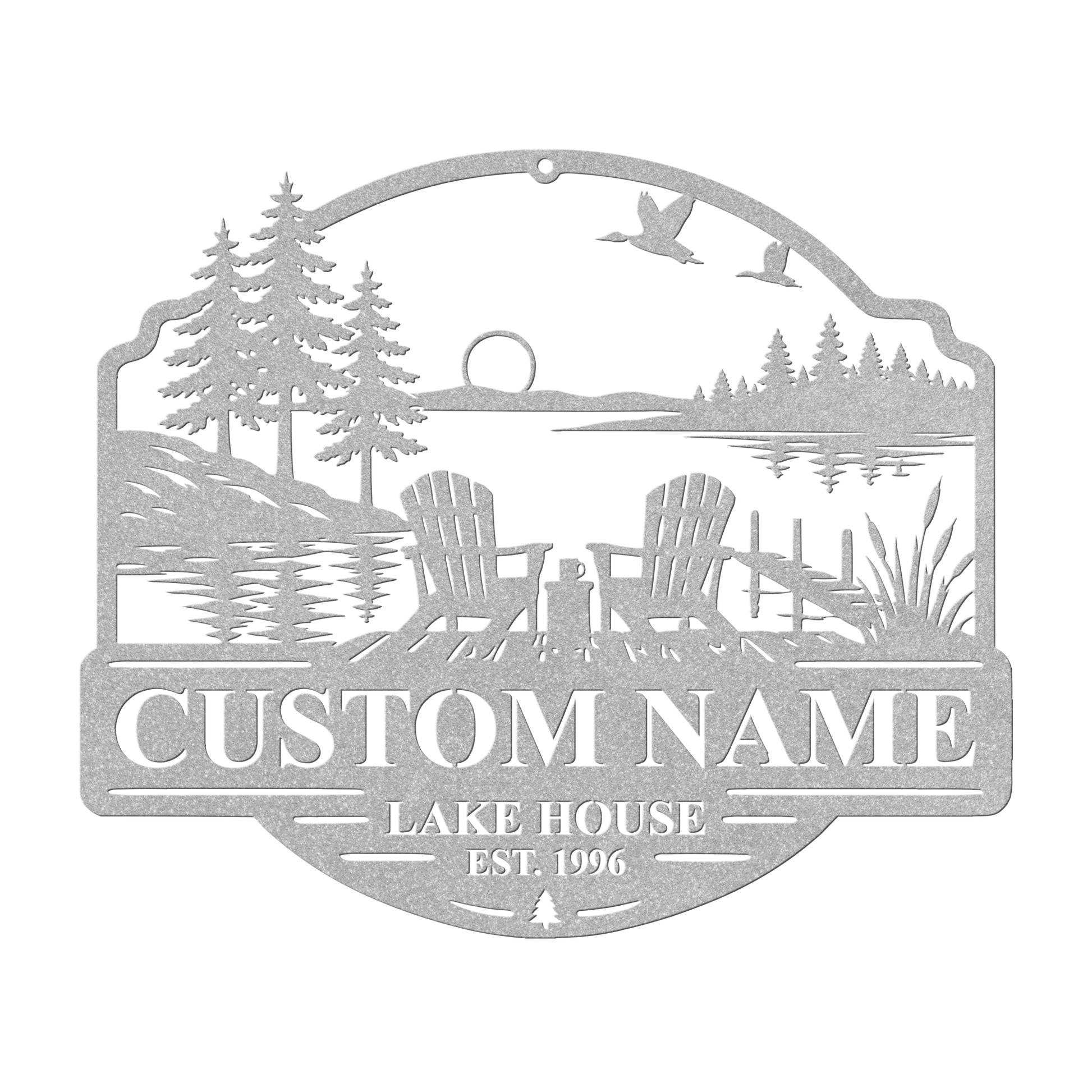 Custom duck lake house metal sign in silver — personalized duck lake scene wall art