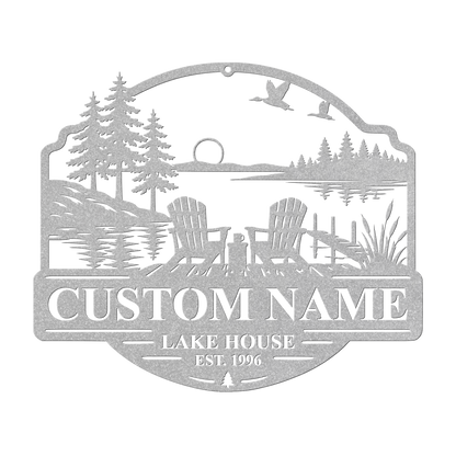 Custom duck lake house metal sign in silver — personalized duck lake scene wall art