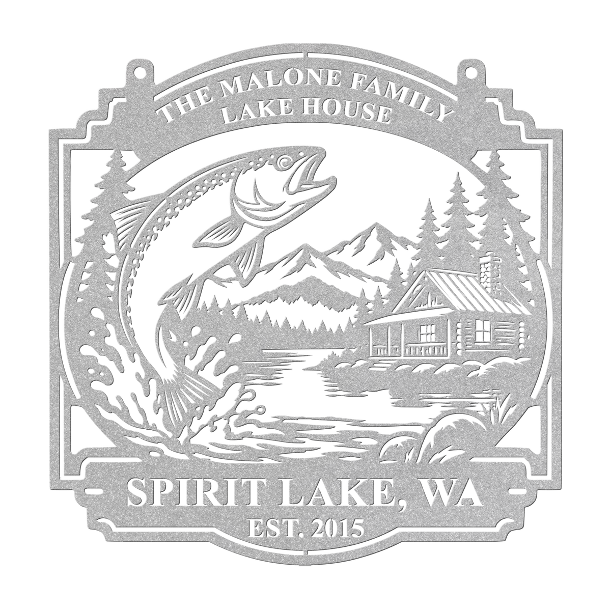 Custom lake house trout fishing metal sign in silver — personalized family name wall art