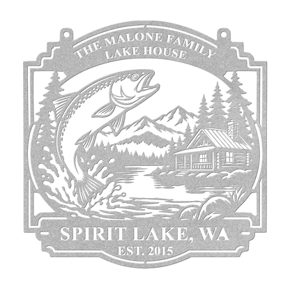 Custom lake house trout fishing metal sign in silver — personalized family name wall art