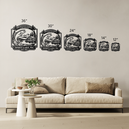 Custom lake house trout fishing metal sign size comparison — 12 to 36 inch options