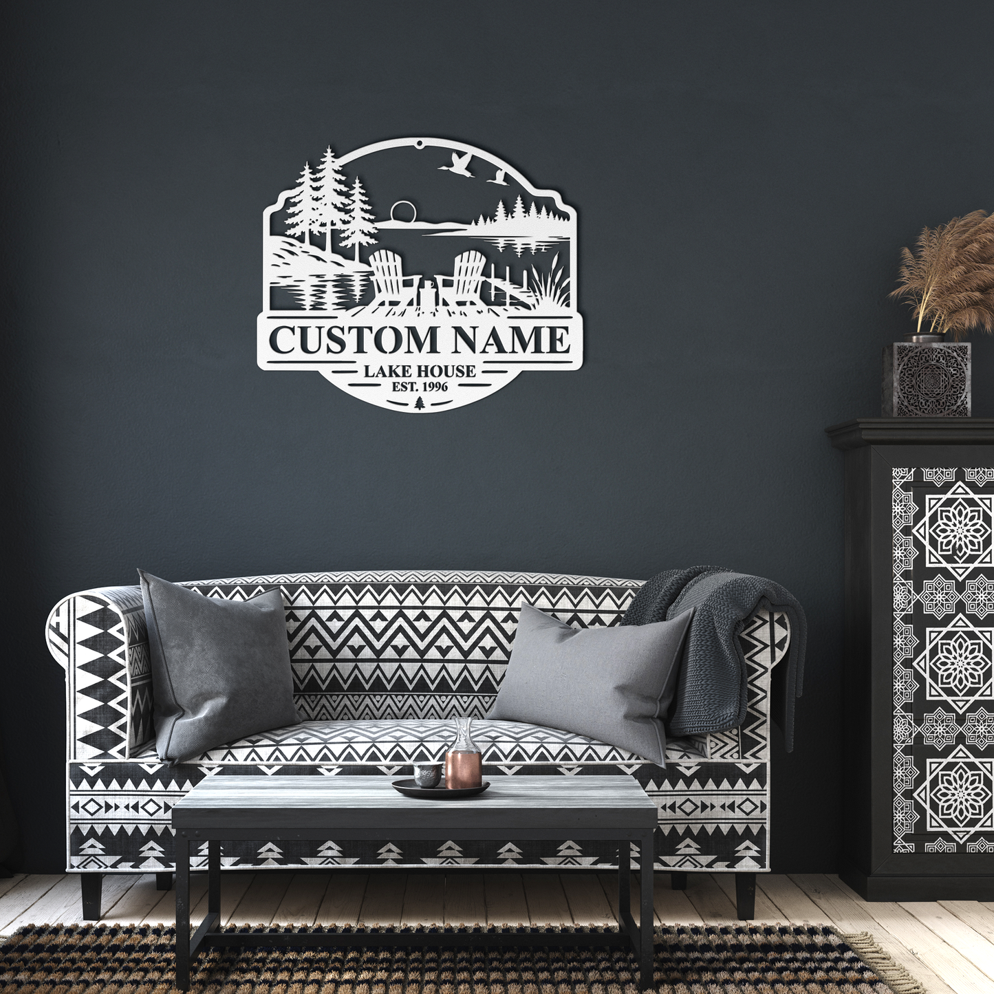 White custom duck lake house metal sign in living room — personalized lakehouse wall decor