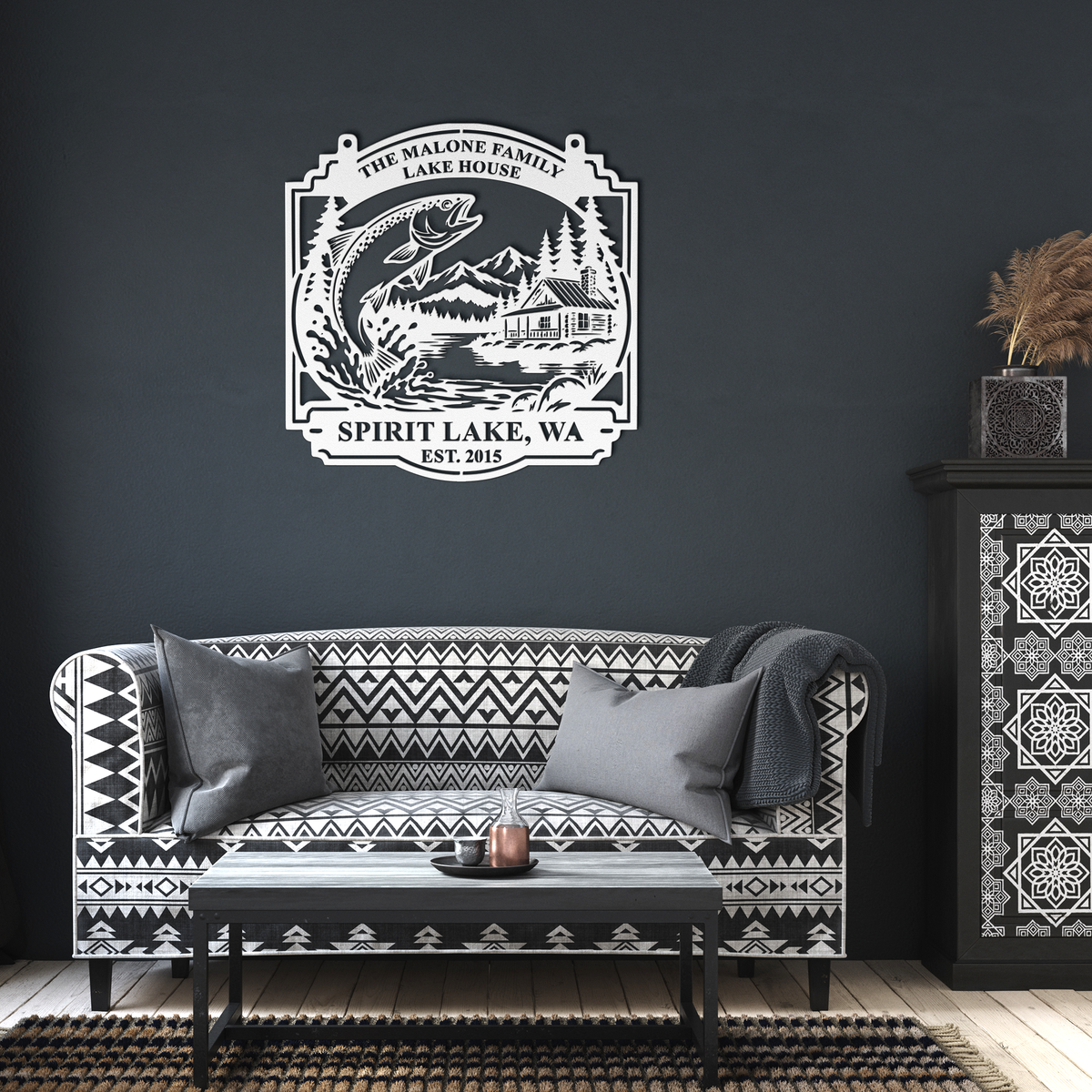 White custom lake house trout fishing metal sign in a living room — personalized lakehouse wall decor