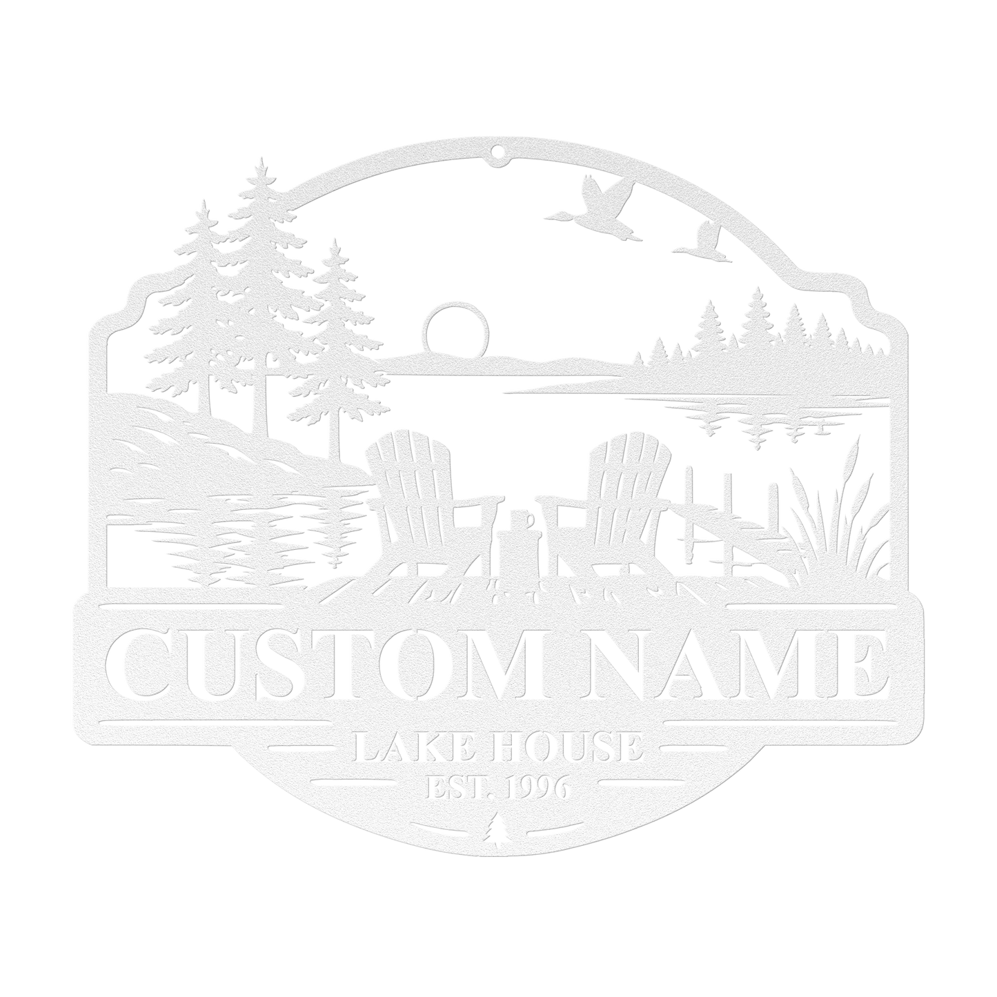 Custom duck lake house metal sign in white — personalized duck lake scene wall art
