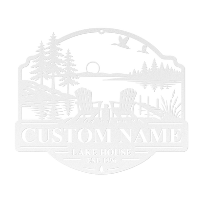 Custom duck lake house metal sign in white — personalized duck lake scene wall art