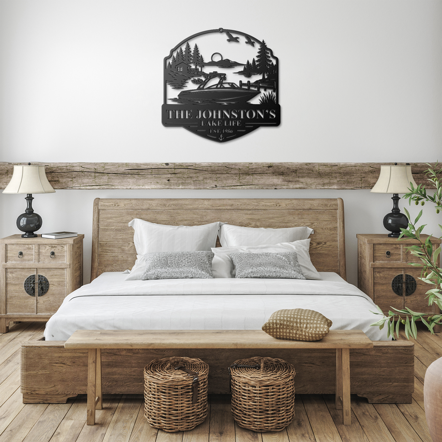 Black custom boat lake life metal sign in farmhouse cabin — personalized lakehouse wall art