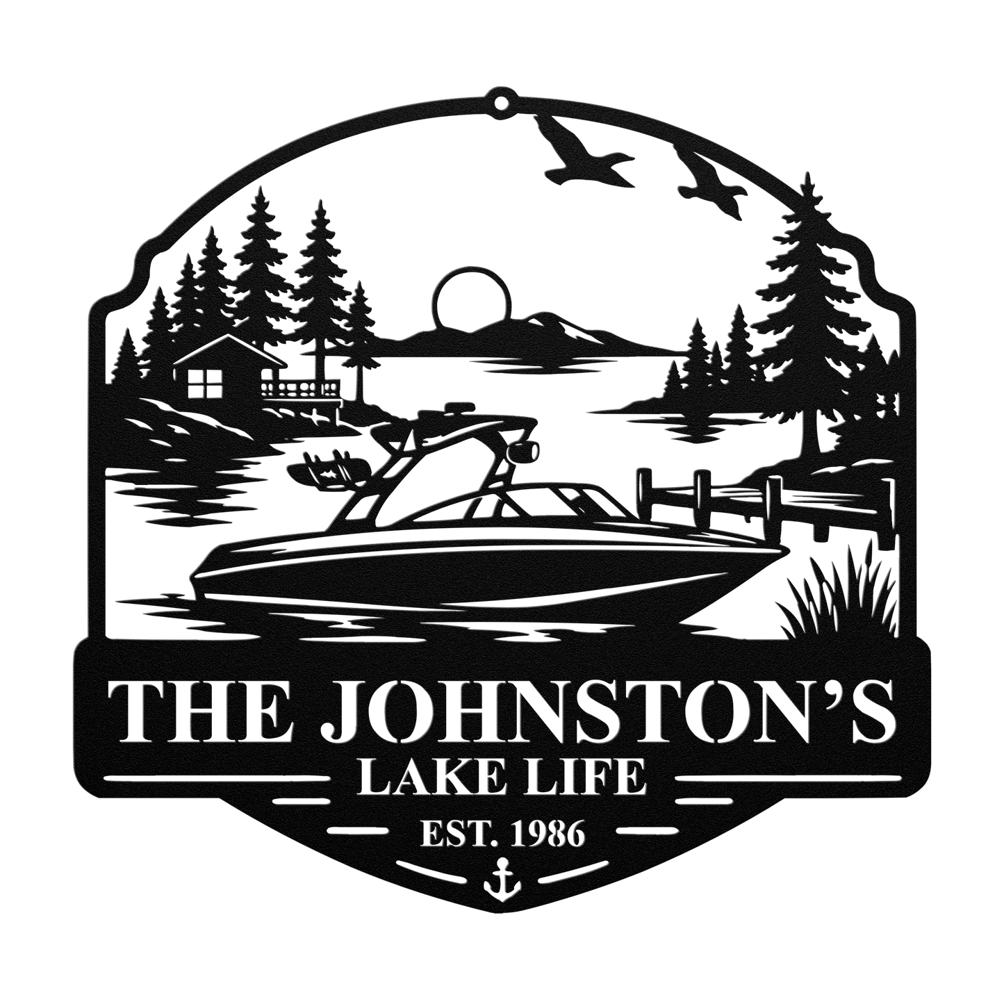 Custom boat lake life metal sign in black — personalized boat lake scene wall art