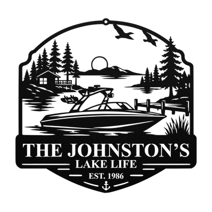 Custom boat lake life metal sign in black — personalized boat lake scene wall art