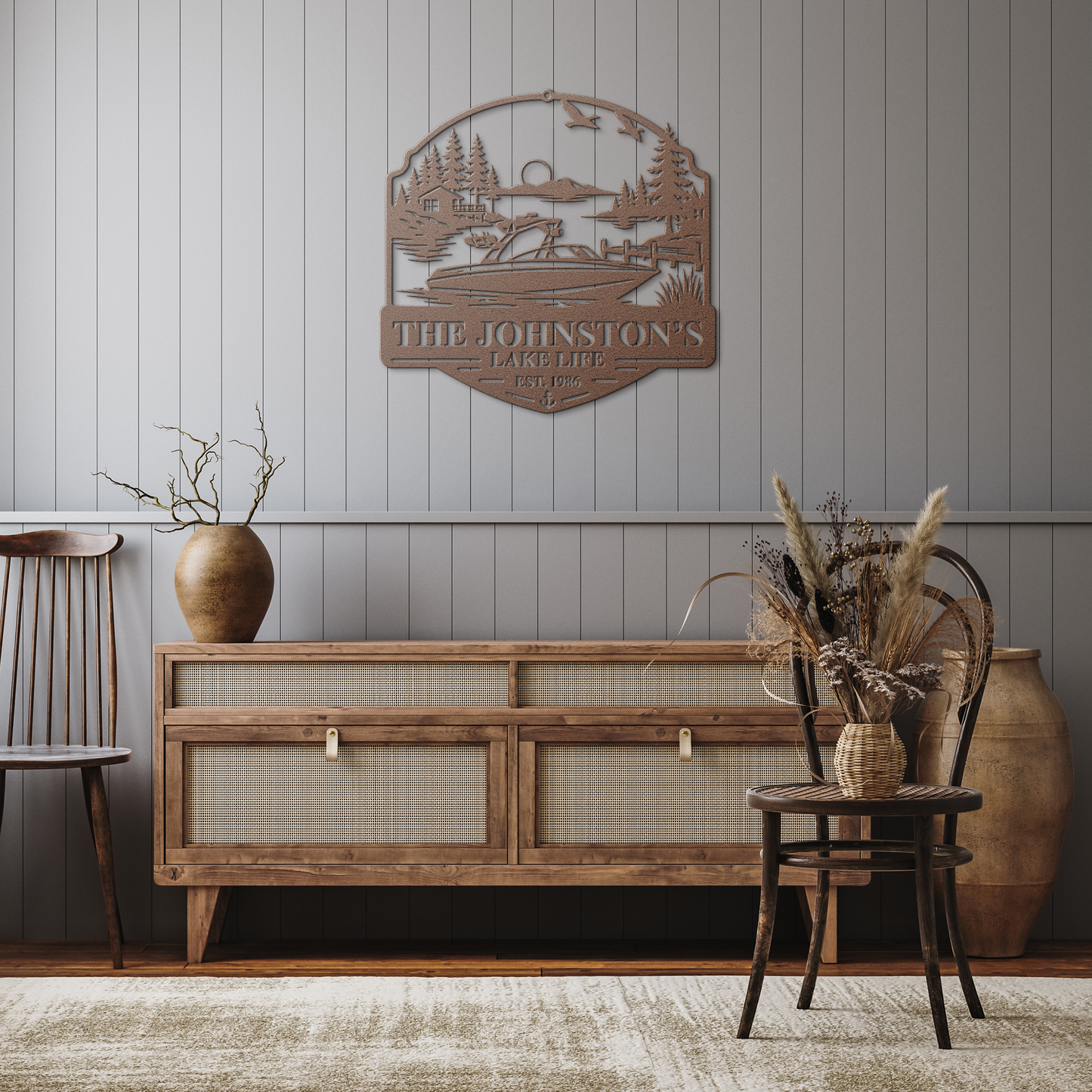 Copper custom boat lake life metal sign in rustic hallway — personalized lakehouse wall art