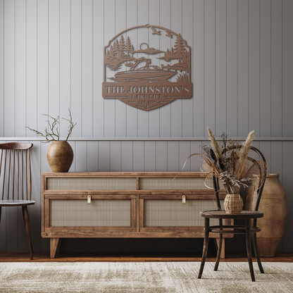 Copper custom boat lake life metal sign in rustic hallway — personalized lakehouse wall art