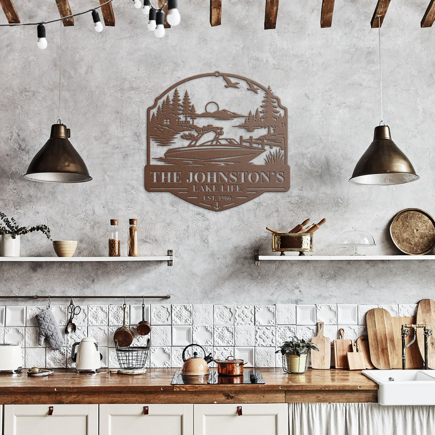 Copper custom boat lake life metal sign in rustic kitchen — personalized lakehouse decor