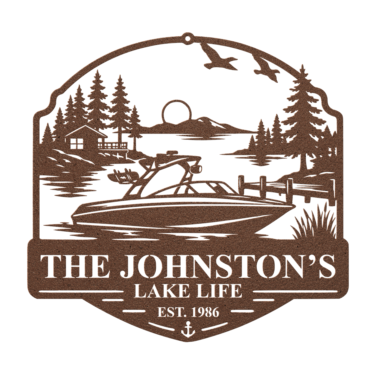 Custom boat lake life metal sign in copper — personalized boat lake scene wall art