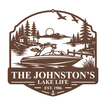 Custom boat lake life metal sign in copper — personalized boat lake scene wall art