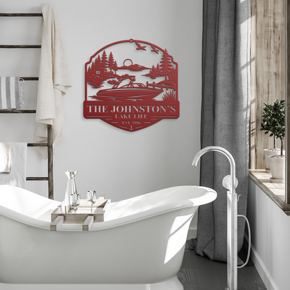 Red custom boat lake life metal sign in modern room — personalized lakehouse decor