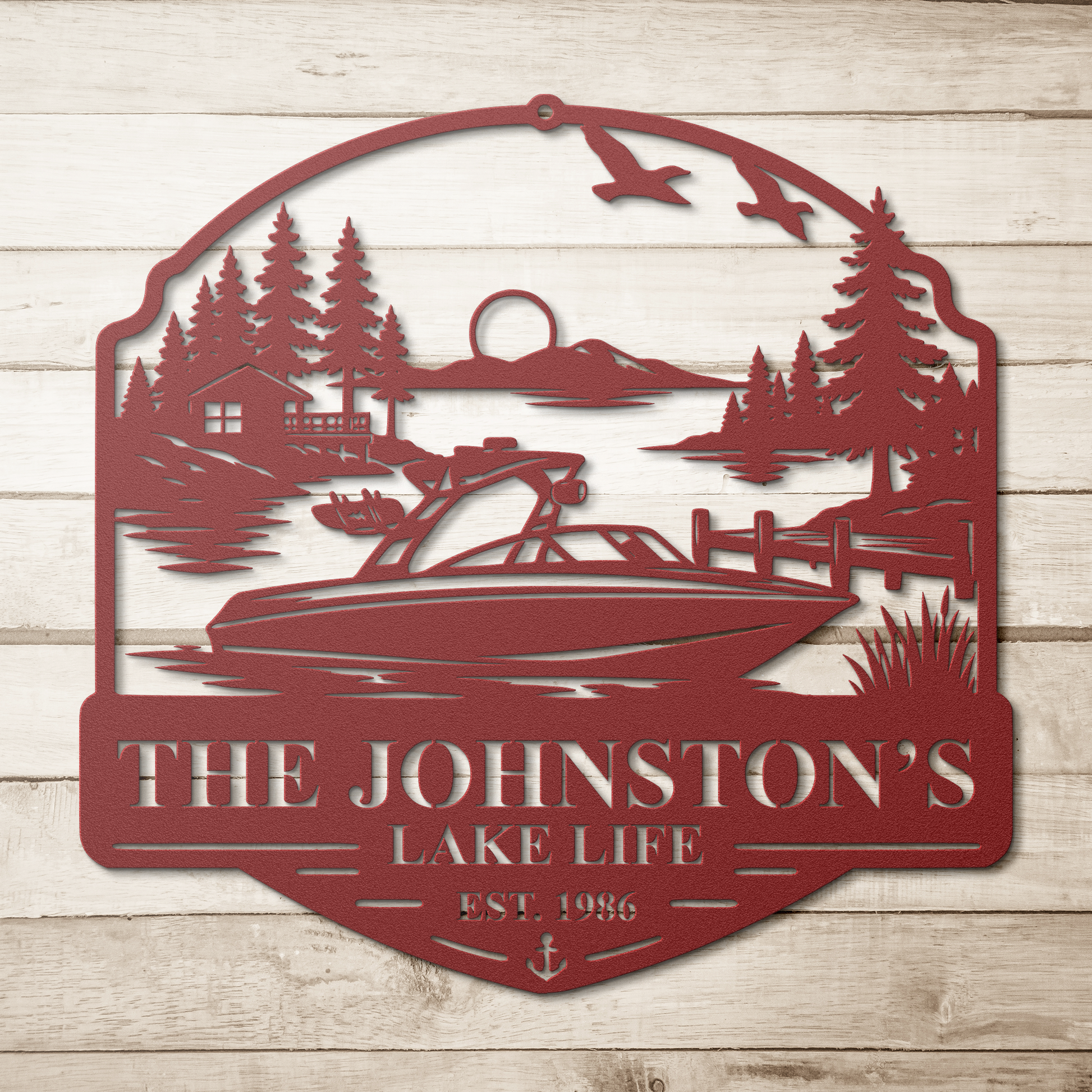 Red custom boat lake life metal sign on wood background — personalized lakehouse wall art