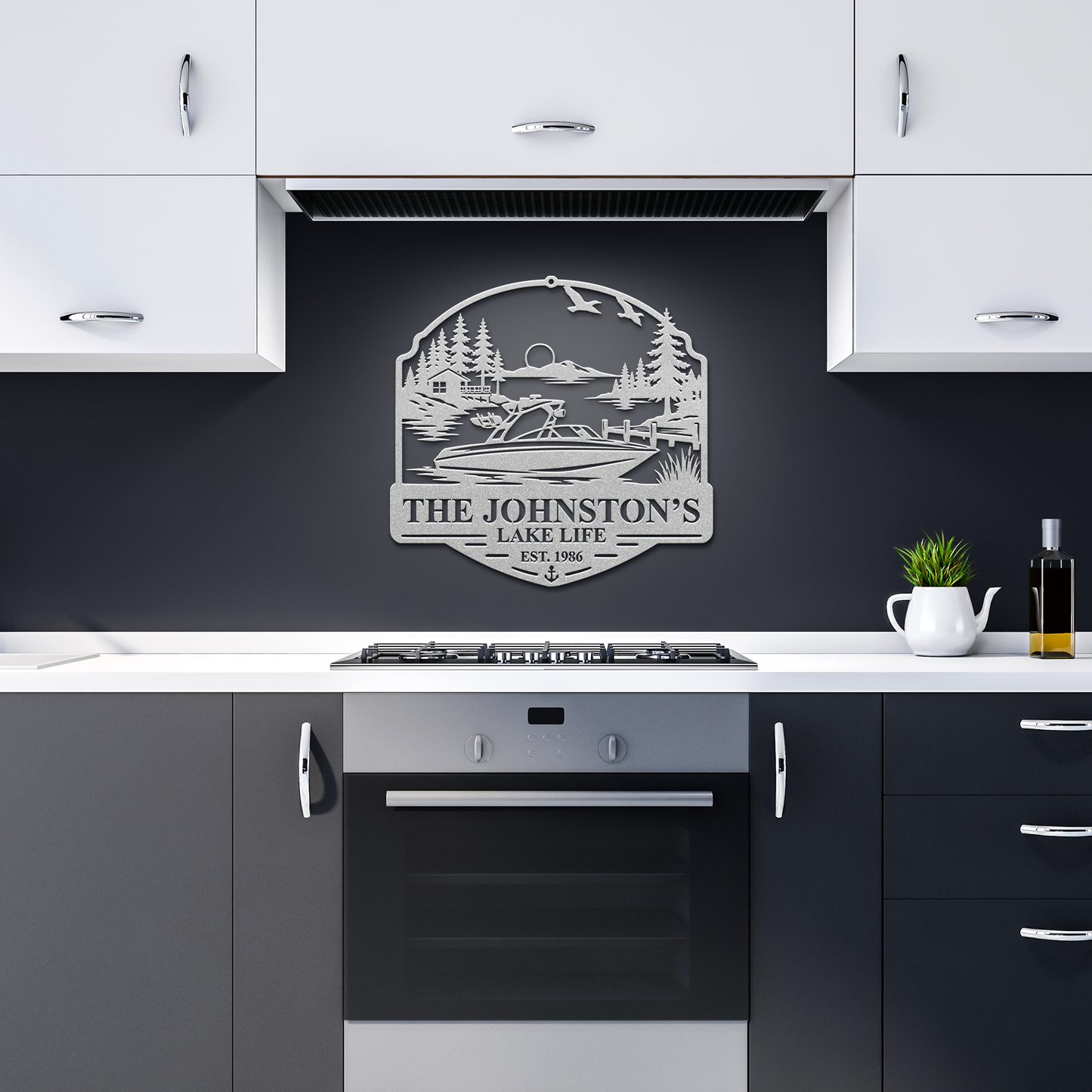 Silver custom boat lake life metal sign in dark kitchen — personalized lakehouse decor