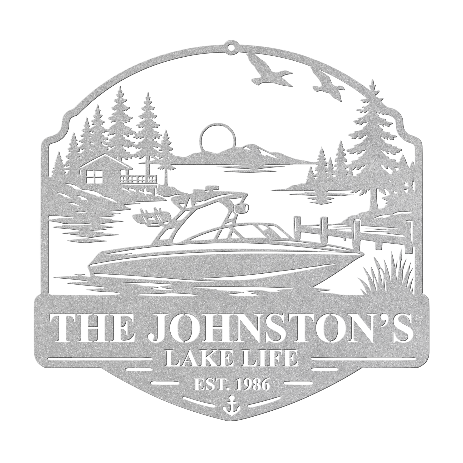Custom boat lake life metal sign in silver — personalized boat lake scene wall art