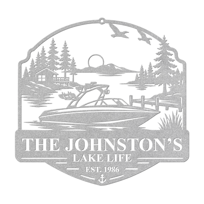 Custom boat lake life metal sign in silver — personalized boat lake scene wall art