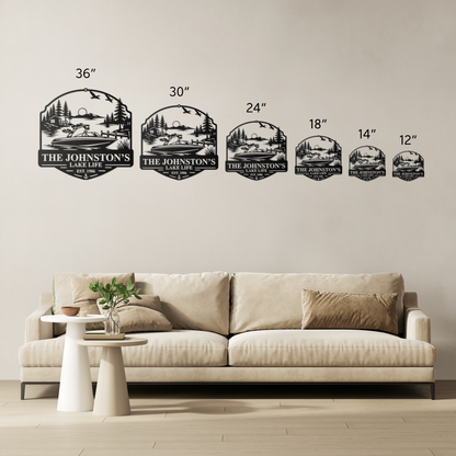 Custom boat lake life metal sign size comparison — 12 to 36 inch options