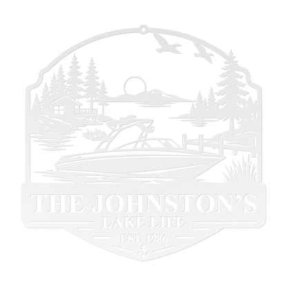 Custom boat lake life metal sign in white — personalized boat lake scene wall art