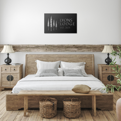 Black custom pine tree lodge metal sign in farmhouse room — personalized cabin lodge wall art