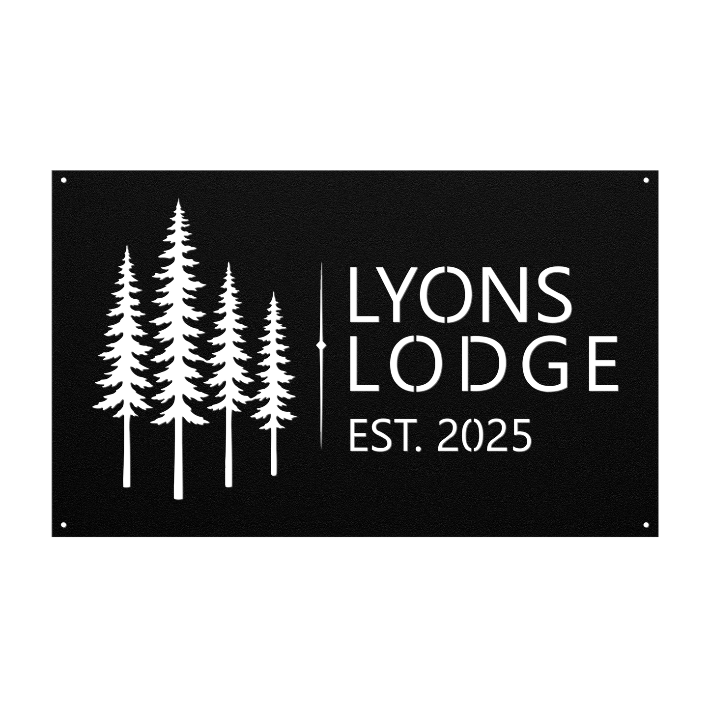 Custom pine tree lodge metal sign in black — personalized pine tree cabin name wall art