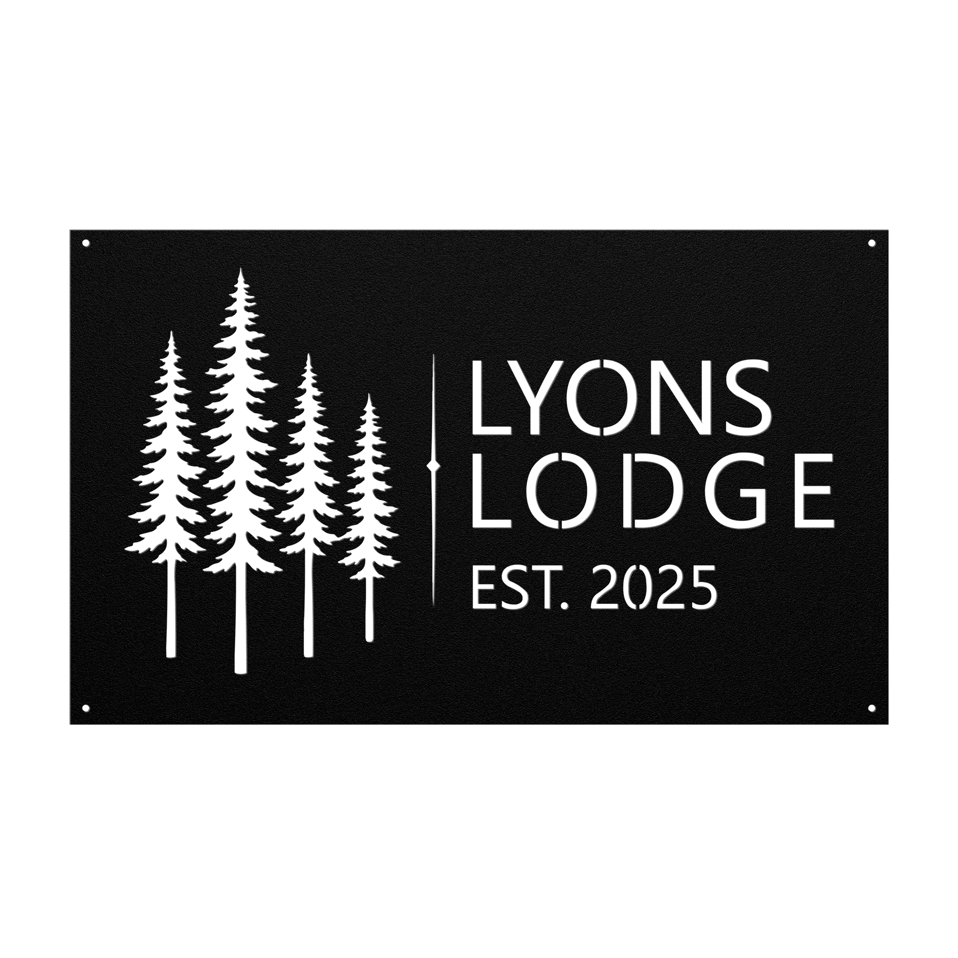 Custom pine tree lodge metal sign in black — personalized pine tree cabin name wall art