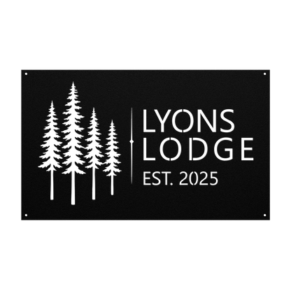 Custom pine tree lodge metal sign in black — personalized pine tree cabin name wall art