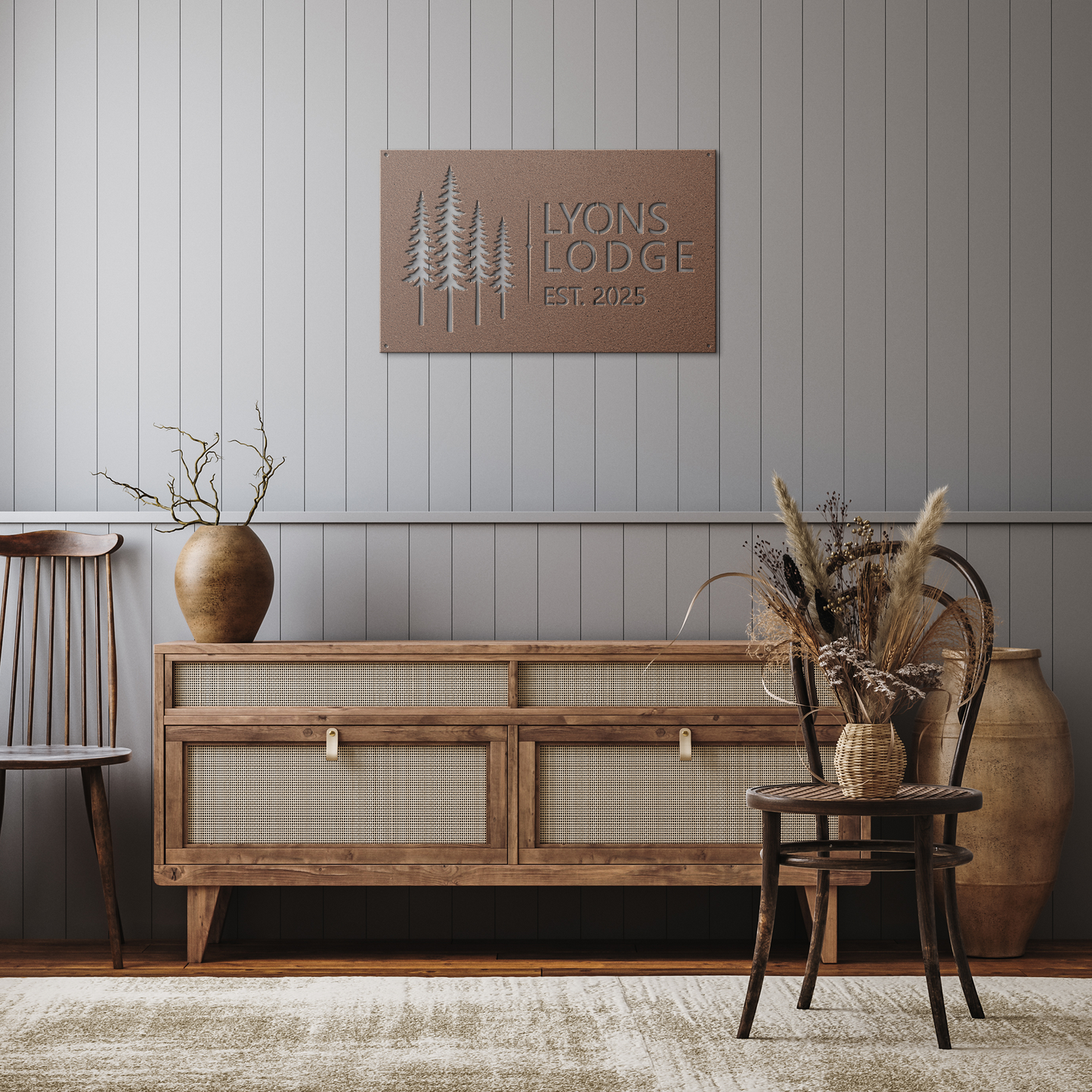 Copper custom pine tree lodge metal sign in rustic hallway — personalized cabin lodge wall art