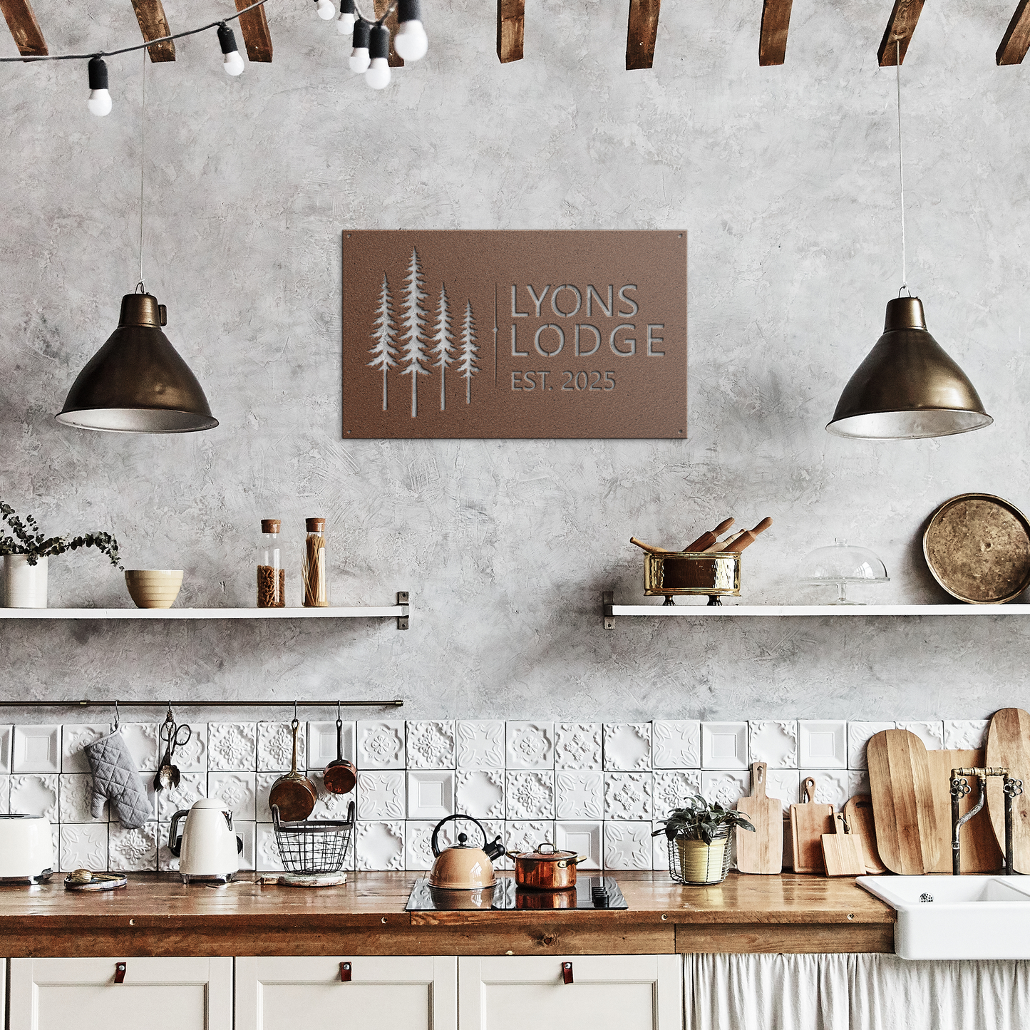 Copper custom pine tree lodge metal sign in rustic kitchen — personalized cabin lodge wall art