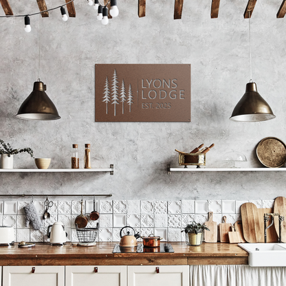 Copper custom pine tree lodge metal sign in rustic kitchen — personalized cabin lodge wall art
