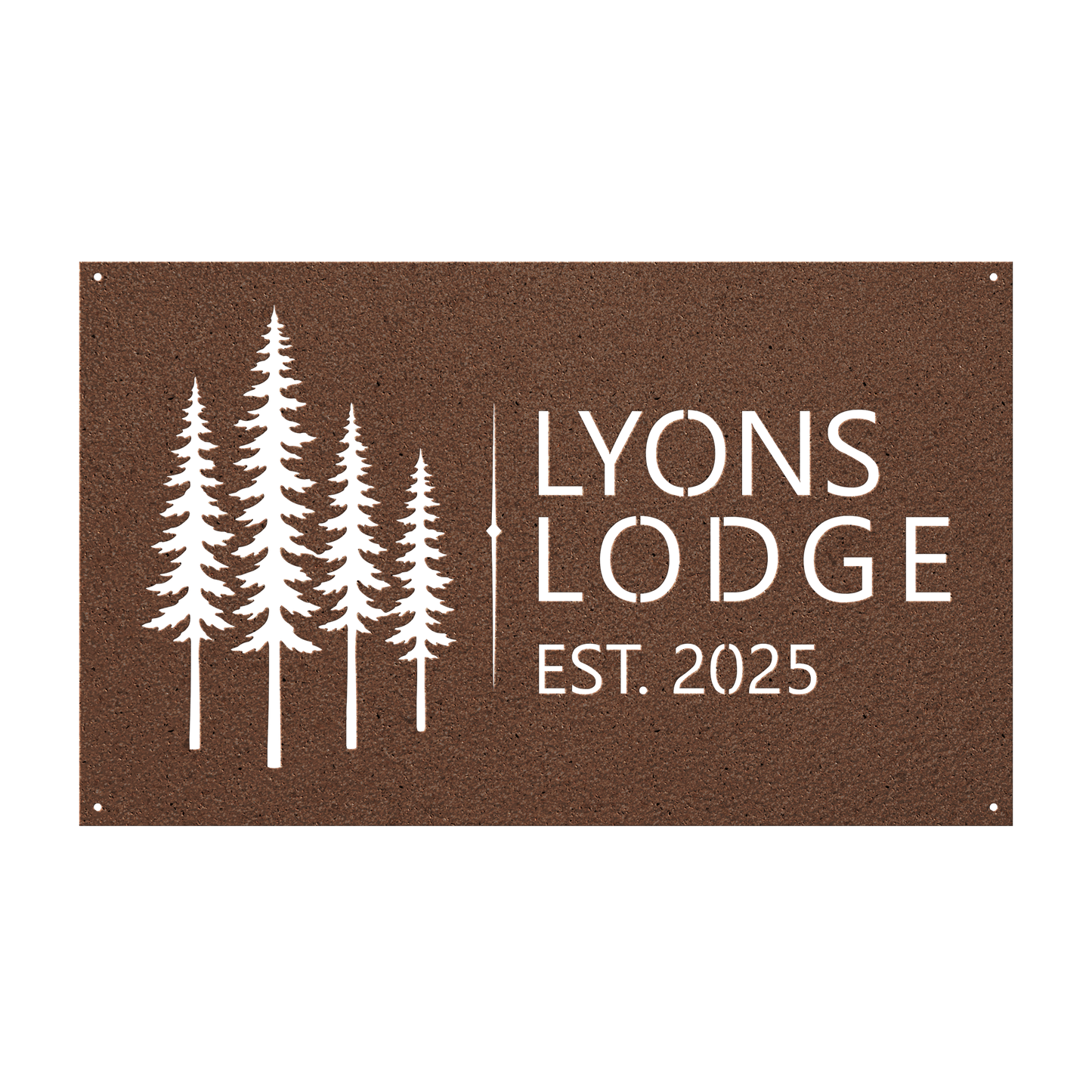 Custom pine tree lodge metal sign in copper — personalized pine tree cabin name wall art