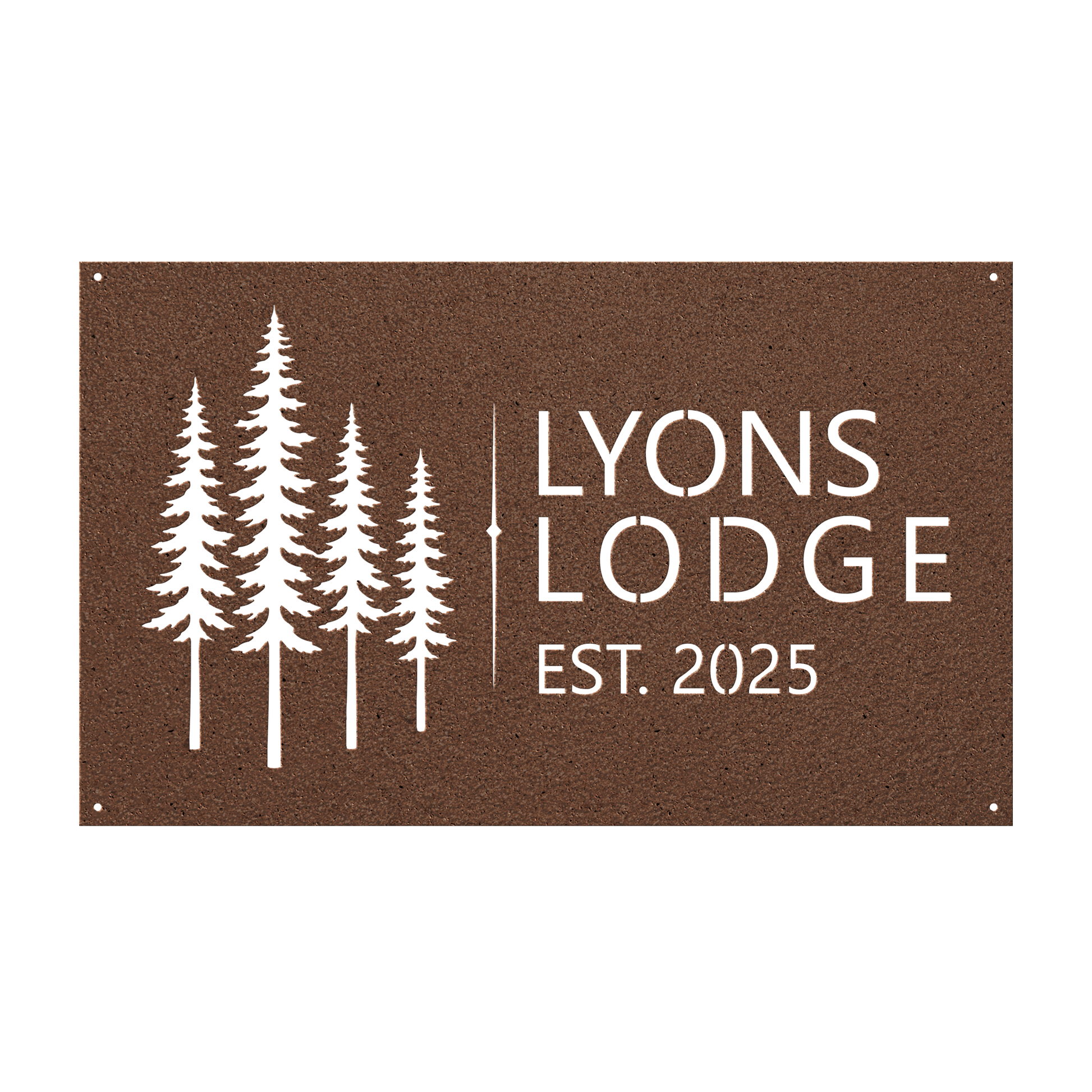 Custom pine tree lodge metal sign in copper — personalized pine tree cabin name wall art