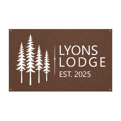 Custom pine tree lodge metal sign in copper — personalized pine tree cabin name wall art